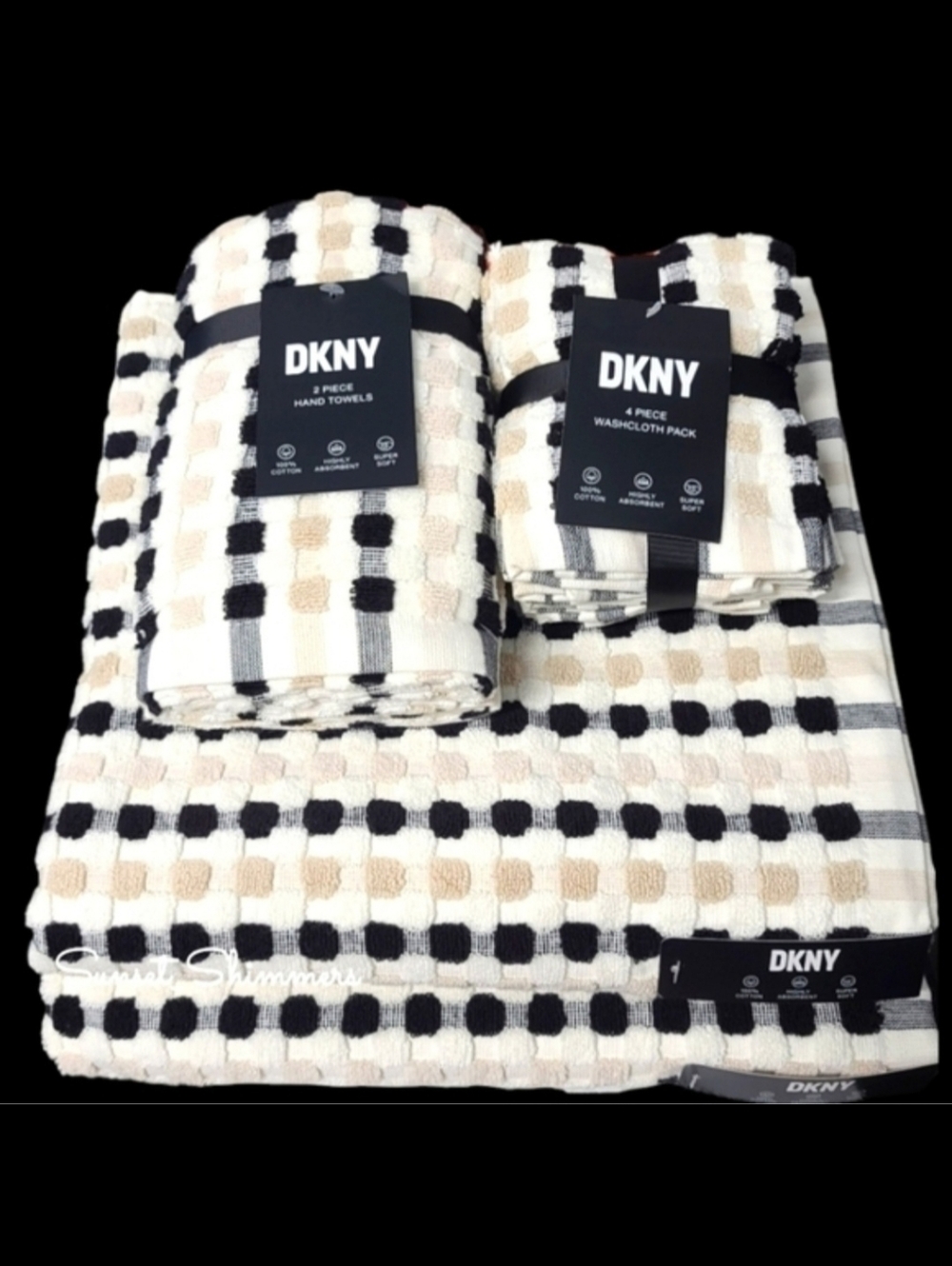 DKNY 8Pc 2 Bath 2 Hand 4 Washcloth TAN BLACK WHITE Gingham Check Towel Set NEW